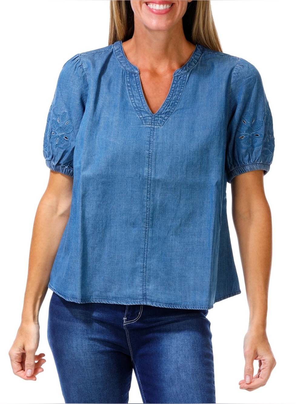Women’s Petite Eyelet Sleeve V-Neck Denim Top